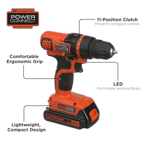 BLACK+DECKER 20V MAX Cordless Drill with LED Light & Battery - DIY Builder's Hub