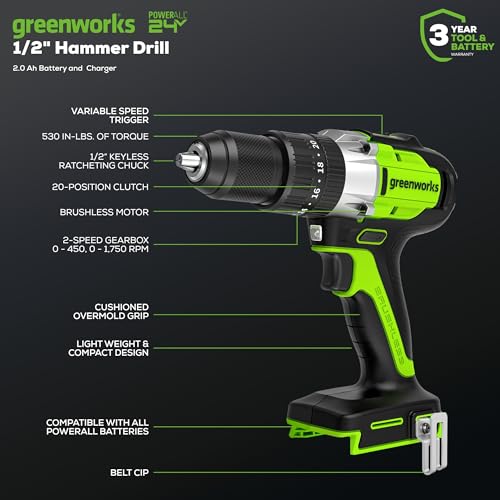 Greenworks 24V Brushless 1/2" Hammer Drill with Battery & Charger - DIY Builder's Hub